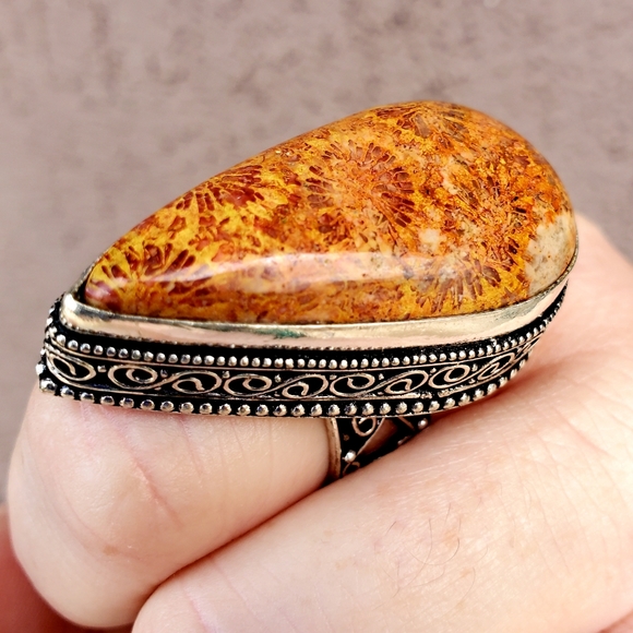 New Oversized Coral Fossil 925 Silver Statement Ring. - Picture 4 of 14